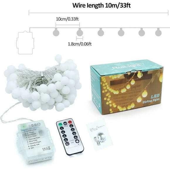 100 LED Fairy String Lights Battery  Powered with Remote & Timer 8 Lighting Mode - Picture 6 of 6